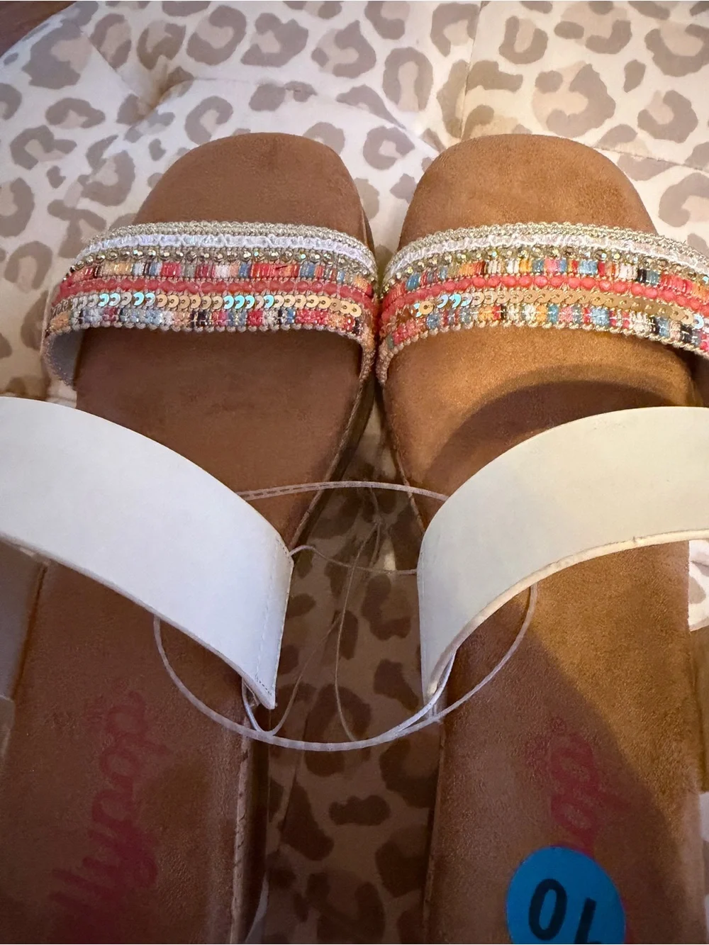 Jellypop Cream Slide Sandals with Multicolor Beaded Toe Strap